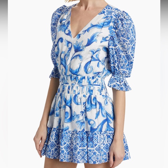 Ramy Brook Susan Watercolor Puff-Sleeve Minidress in Spring Navy Positano - Picture 2 of 11